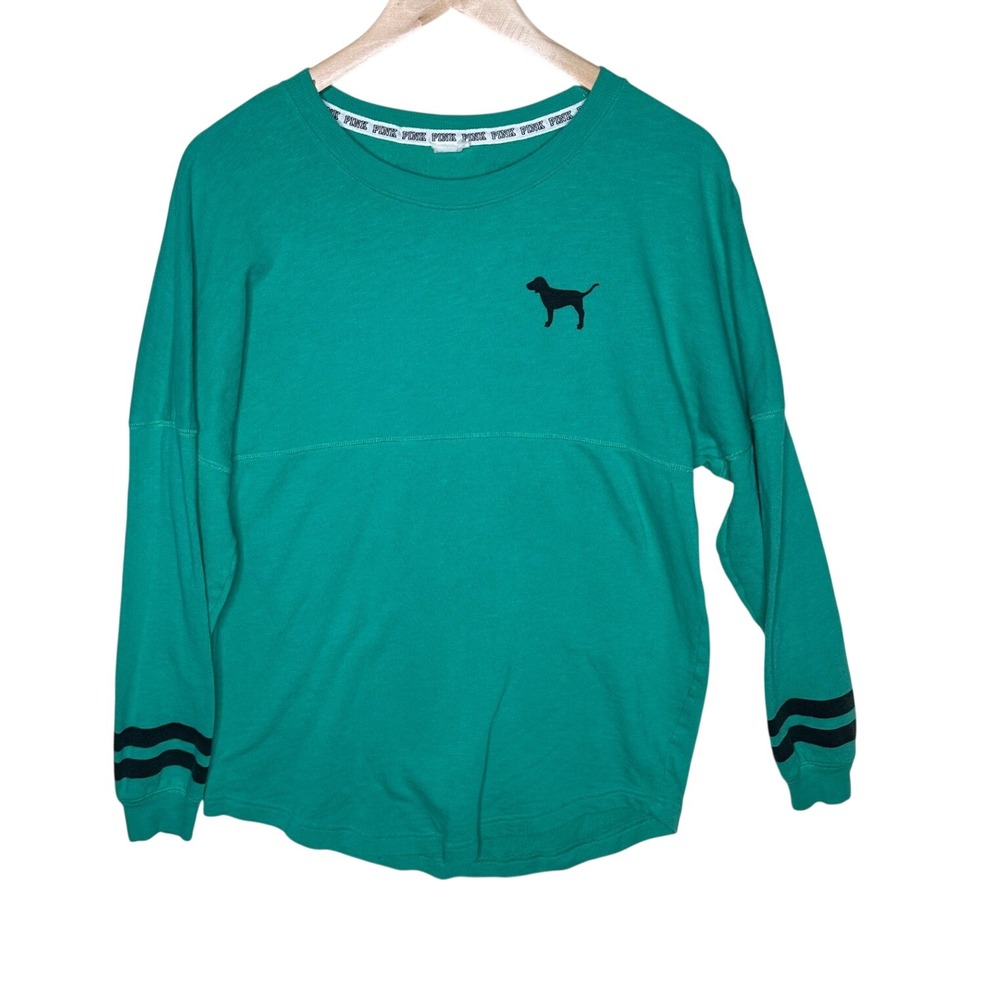 Pink by VS Graphic Logo "Love Pink" Oversized Long Sleeve Top size Small Green